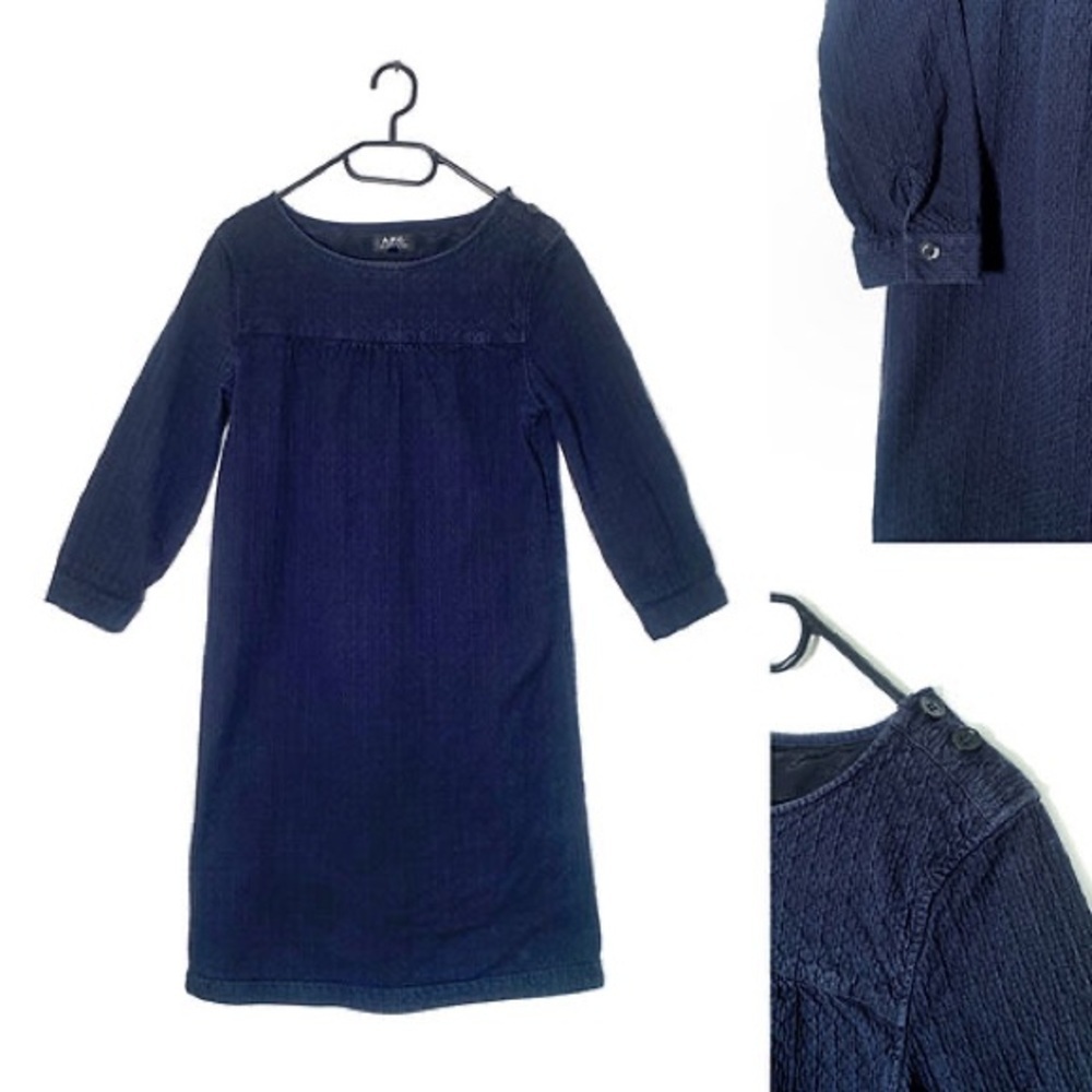 A.P.C. Robe Blue Textured Cotton Stretch Gathered Yoke 3/4 Sleeve Dress Size S